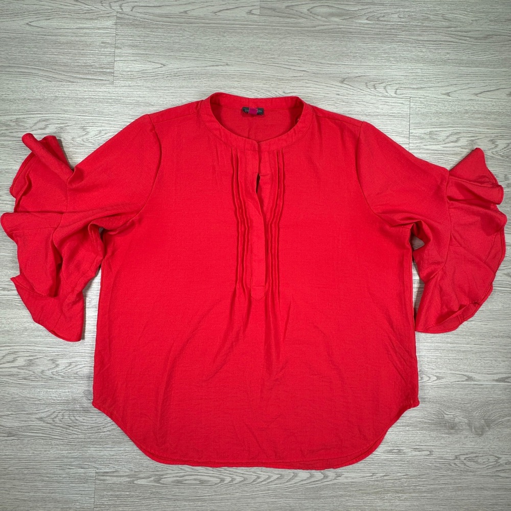 Vince Camuto Women Blouse Coral Red XL Ruffle Sleeve Pleated Split Neck Top